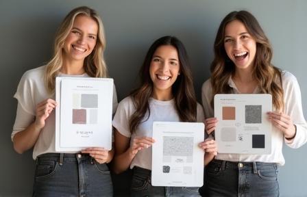 Excited contest participants holding design samples